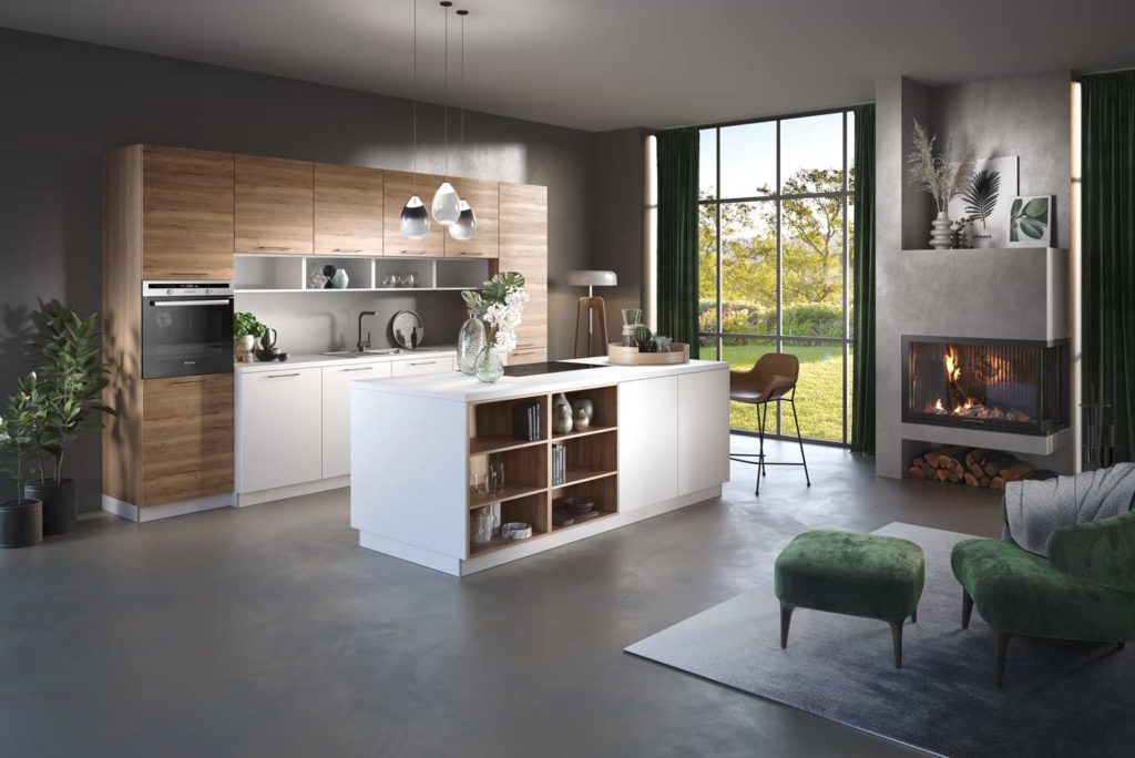 Coin cuisine blanc avec touches de bois